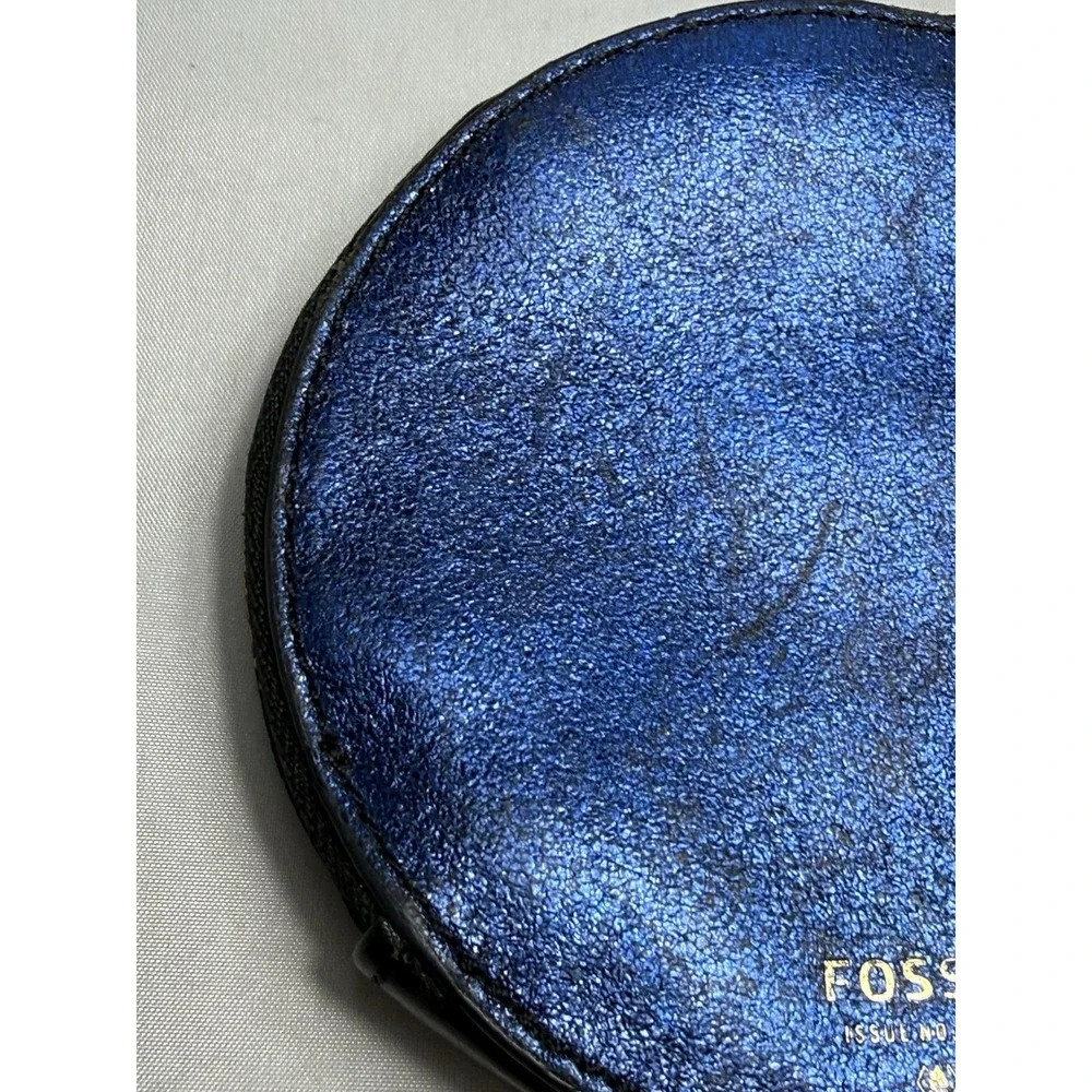 Fossil Penguin Leather Zip Up Coin Purse Wallet Blue Glitter Accessory Unique